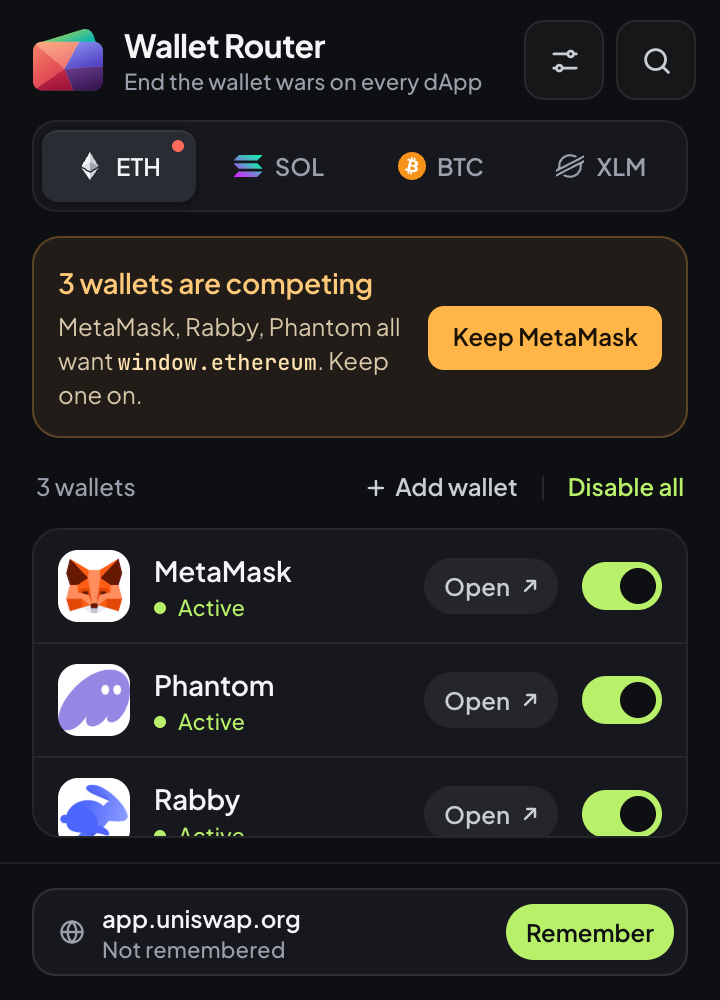 Wallet Router popup warning that MetaMask, Rabby and Phantom are competing on app.uniswap.org