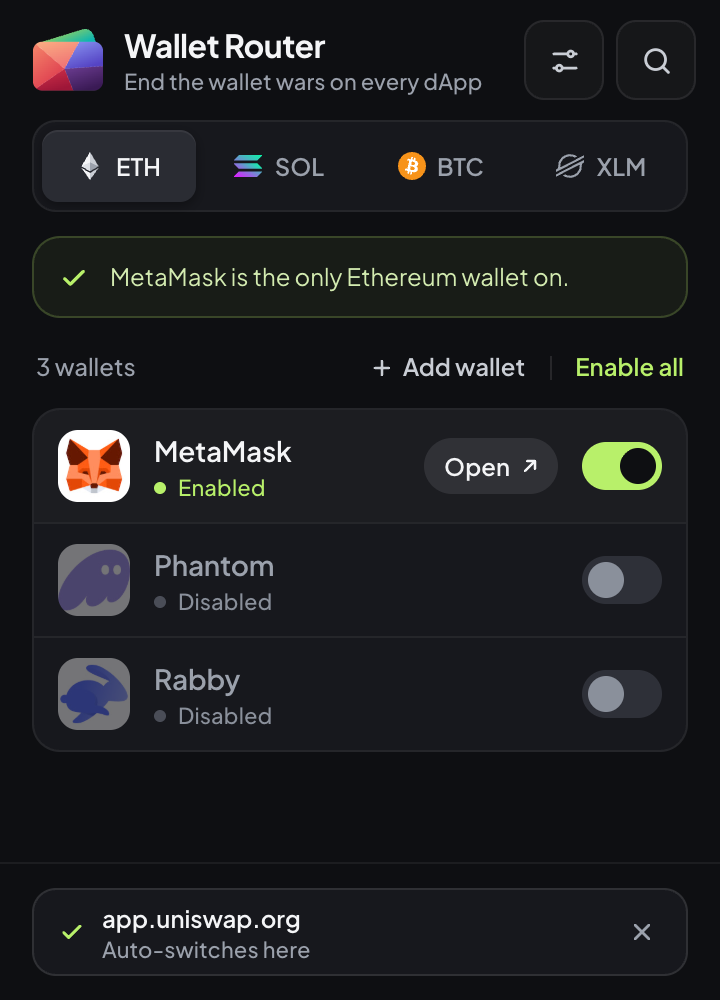 Wallet list with an Open button on MetaMask