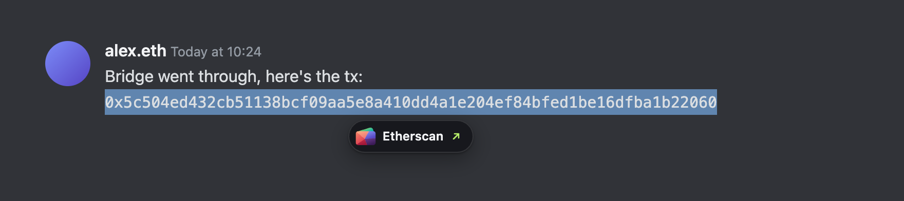 A transaction hash selected in a chat message, with an Etherscan button under it