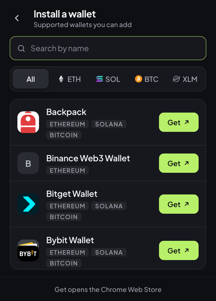 Install a wallet: the catalog of supported wallets
