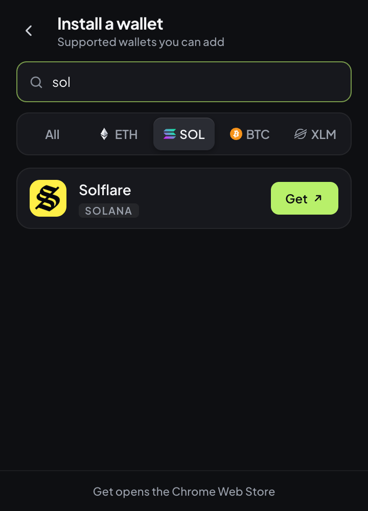 Searching for sol with the Solana filter shows Solflare